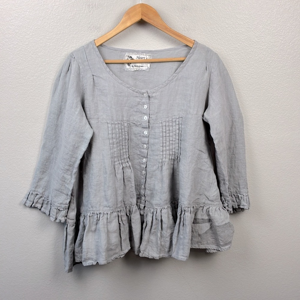 Heirloom Soft Ruffle Linen Button-Front Blouse - Light Gray